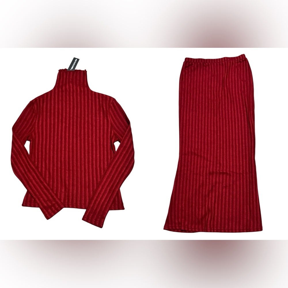 Prettylittlething Rib Knit Turtleneck Top And Maxi Skirt Set burgundy size 8